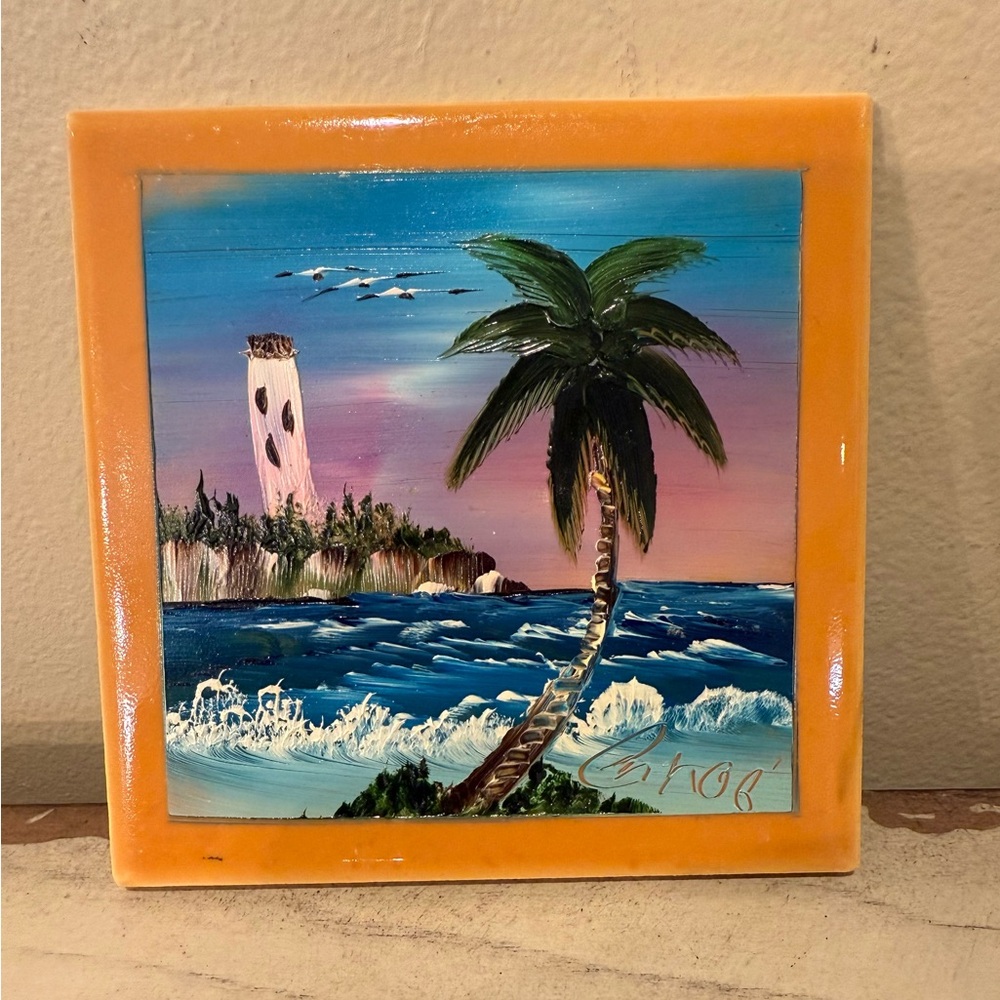 Hand Painted Mexican Vibrant Coastal Scene Tile Art